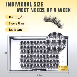 Natural Lash Clusters - 72pcs Wispy Eyelash Clusters, C Curl 16mm Resuable DIY Lash Extensions,LANKIZ Individual Lashes for Beginners(SPARKLE)
