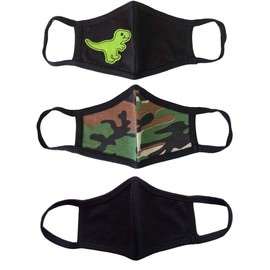 unik KIDS cloth Face Covering 3 Pack, 2 layers, Cotton, Designer, Washable, Reusable, Multi Pack- T Rex/Green Camo/Black KIDS Size