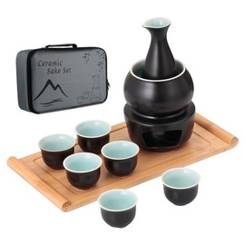 Dltsli Ceramic Sake Set + Bamboo Tray Warmer Pot, Porcelain Stovetop Hot Saki Drink Bottle, 10pcs Set 1 Stove 1 Warming Bowl 1 Sake Bottle 1 Tray 6 Cup Keep Sake Storage Gift Box (Black)