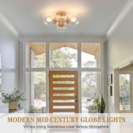 Bagood Mid Century 3 Light Clear Globe Glass Gold Chandelier Modern Brass Semi Flush Mount Ceiling Light Modern Light Fixtures Ceiling Light Fixture for Bedroom Living Room Hallway Entryway