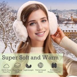 Dwenarry 1/2 Pieces Ear Warmers Women's Winter Plush Earmuffs Fluffy Ear Warmers Heat Foldable Ear Warmers, Deep Black Earmuffs + Snow White Ear Muffs