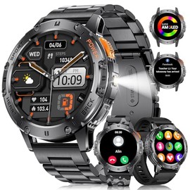 LIGE Militar Reloj Inteligente Hombre, 1.43'' AMOLED Smartwatch Hombre con Linterna, Llamadas Bluetooth/Asistente de Voz, Podómetro, 110+ Modos Deportivos Smartwatch para Android iOS, Negro Acero