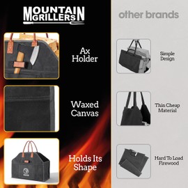 MOUNTAIN GRILLERS Heavy Duty Canvas Firewood Carrier - Features Reinforced Handles For Carrying Wood & Logs - Must Have Bag For Any BBQ Enthusiasts & Pit Masters