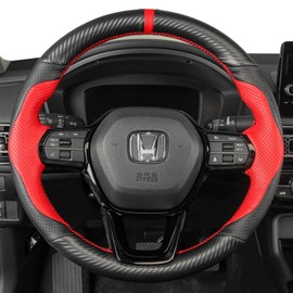 Hand-Stitched Steering Wheel Wrap for 11th Gen Honda Civic 2022 Interior Steering Wheel Protection Skin Cover Accessories (Red Perforated Leather+Matte Black Carbon Fiber)