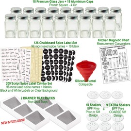 Spice Rack Drawer Organizer w/18 Glass Spice Jars & 2 Types of Printed Spice Labels by Talented Kitchen. Complete Set: 2 Drawer Trays, 18 Square Empty Glass Jar 4oz, Chalk & Clear Label
