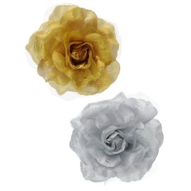 NYFASHION101 Women's Multifunction Rose Flower Sheer Petal Brooch Pin Hair Tie Clip Set of 2, Gold/Silver