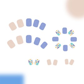 24Pcs Flower Press on Nails Short Square Fake Nails Blue False Nails Full Cover Glossy with Designs Stick on Nails Spring Glue on Nails Cute Artificial Acrylic Nails for Women