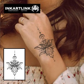 INKARTLINK Temporary Tattoos, 2 Sheets Medium Semi Permanent Tattoo Adult Art Design Waterproof Temp Tattoo Party Favors Realistic Look, No Adhesive, No Reflection, Lasts 1-2 Weeks Black (Lotus)