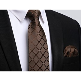 Enlision Men's Ties and Pocket Square Tie Clip Set Paisley Checked Tie Handkerchief Tie Pin for Men Business Wedding Tie Sets, A1-Brown