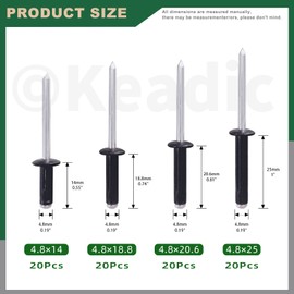 keadic 80 Pcs 4 Sizes Aluminum Blind Rivet Assortment Set, Black Long Grip Tri-Fold Exploding Pop Rivets with Storage Case for Kayak Furniture Automotive Sheet Metal-3/16" x (9/16", 3/4", 13/16, 1")