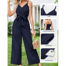 JASAMBAC Womens Summer Jumpsuits Dressy 2024 One Piece Vacation Outfit V Neck Sleeveless High Waist Casual Blue Romper with Pockets