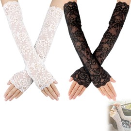 2 Pairs of Lace Gloves Black Long Fingerless Lace Gloves Black Gloves Long Elbow Length Floral Lace Gloves Accessories for Ball Outfits for Women and (Black White), White