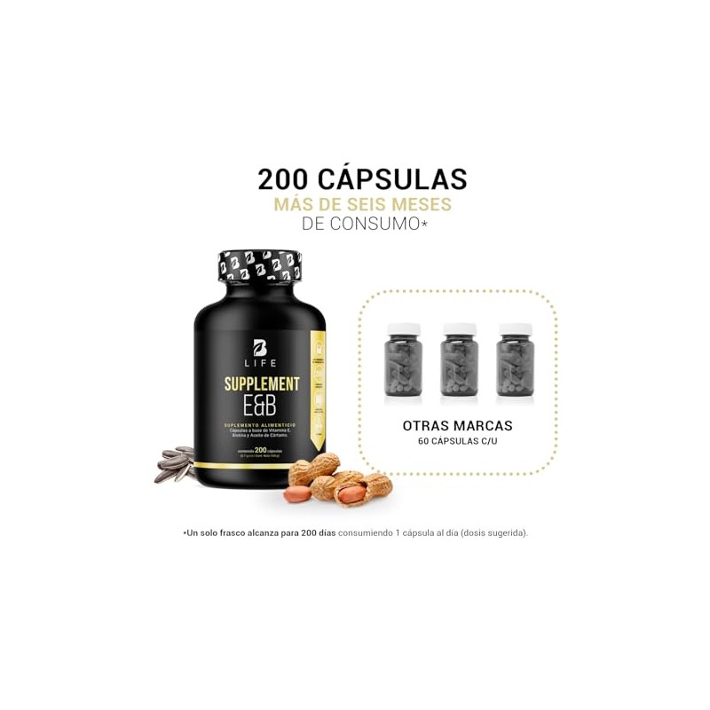 B Life Company Vitamina E + Biotina de 200 Cápsulas.