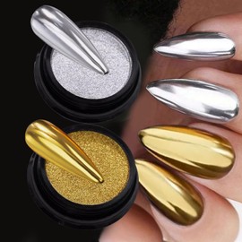Superfine French Silver Gold Nail Chrome Powder Set Black White Snow Design Sugar Effect Nail Glitters Pigment Dust Silver Gold Chrome Nail Powder Kit Manicure Accessories DIY Crafts (2 Bottles)