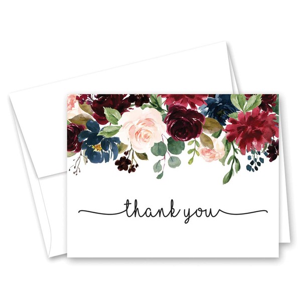 Navy Burgundy Watercolor Floral Thank You Cards (50)