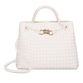 Woven Tote Bag for Women Crossbody Handbag,Vegan Leather Large Tote Purse,Trendy Satchel Handbag Bowknot Shoulder Bag-White