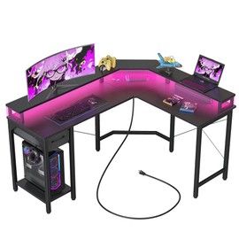 CubiCubi 59 Inch L Shaped Desk with USB Charging Ports and LED Lights, Corner Computer Desk with Drawer and Storage Shelf, Home Office Desks with Monitor Stand and Power Outlets, Black