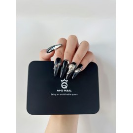 M·Q NAIL,Press on nails,Pink ink graffiti tips long nails,Hand drawn,Includes 48 jelly glue and 2 cuticle sticks and 2 rubbing strips (Black punk, S)