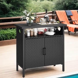 DWVO Patio Storage Cabinet, Outdoor Buffet Cabinet with Two Doors and Shelves, Outdoor Storage Table with PE Rattan for Patio, Backyard, Garden - Black