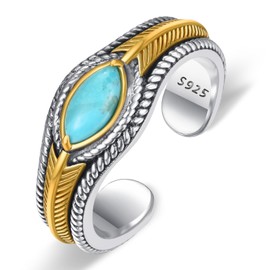 AVECON Turquoise Feather Rings Adjustable 925 Sterling Silver Rings for Women Vintage Statement Turquoise Rings Western Valentine's Day Birthday Jewelry Gift Open Size 6 to 10