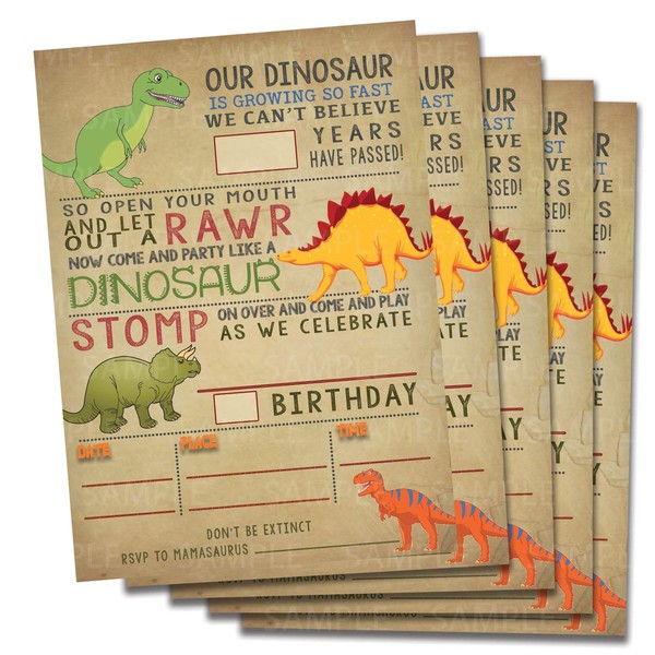 Dinosaur birthday invitations party decoration, fill in 5x7 invites, Boy T-Rex Dino Party.