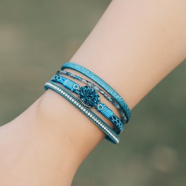 Leather Wrap Bracelet Boho Cuff Bracelets Crystal Bead Bracelet with Clasp Jewelry Gifts for Women(7.7", Steel Blue)