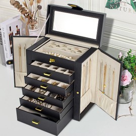 AKOZLIN Large Jewelry Box Organizer Functional Lockable with Big Mirror, Leather Jewelry Storage Case for Women Girls Ring Necklace Earring Bracelet Holder Organizer