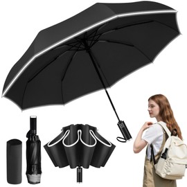 GALASALA Paraguas Plegable Automático Reversible, Sombrilla Protección UV UPF100 Grande, Paraguas de Bolsillo Reforzado 10 Huesos, Sombrillas para Lluvia Viento, Banda Reflectante
