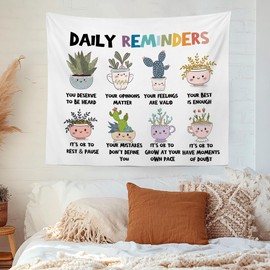 MNOSAIOO Mental Health Floral Wall Tapestry Hanging for Classroom Kids, Daily Reminders Tapestry, Inspirational Cute Cacti Tapestries Wall Decor for Bedroom Therapy Office School Counselor 60x50 inch