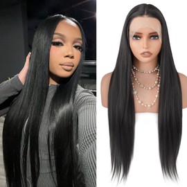 Looxey Straight Synthetic Lace Front Wigs for Black Women 13x4 180% Density 30 Inch Pre Plucked HD Transparent Long Straight Black Lace Wigs Frontal Wig Glueless Wigs