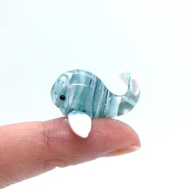 Sansukjai Whale Micro Tiny Hand Blown Color Glass Art Figurines Animals Collectible Gift Home Décor (Green White)