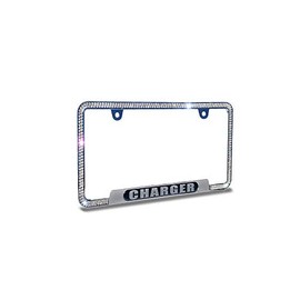 JR2 Bling Crystal Heavy Metal Chrome/Black License Plate Frame Epoxy Design+Crystal Cap+Screws (Charger-Chrome Frame)