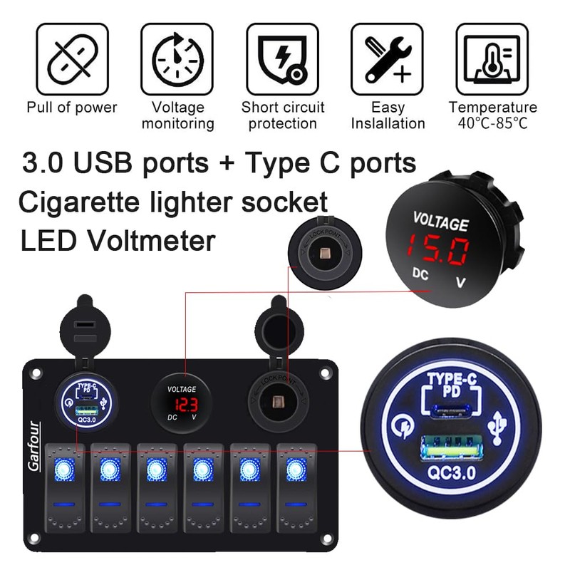 Garfour Waterproof 6 Gang Aluminum Boat Switch Panel Marine Rocker