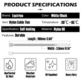 Eastrise Cable Ties,Thick Heavy Duty Large Strong Nylon Plastic Self Locking,100mm×3.6mm,(3.94 inch/10 cm) Extra Long Zip Tie Wraps-100 Pack/Black (100 Pack/Black/3.94″×0.142″)