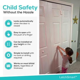 LatchSmart Bi-Fold Door Lock (1-Pack) for Single Bifold Door, Locks Automatically, Child & Pet Safety Lock Exclusively for Reach-in Closets and Pantries with Bifold Folding Door, One-Touch Operation