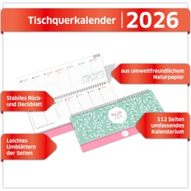 PRIMUS PRINT Desk Calendar 2026 Landscape Weekly Calendar - 112 Pages Appointment Calendar and Annual Calendar - 297 x 130 mm - 75 g Natural Paper, Wire-Bound, Holidays and School Holidays - [Single