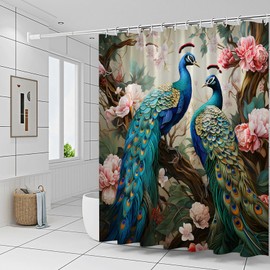Peacock Shower Curtains Blue Beautiful Bird Pink Flower Two Peacocks Floral Plant Scenery Pattern Print Polyester Fabric Bathroom Decor Curtain 70 x 70 Inch with Hooks