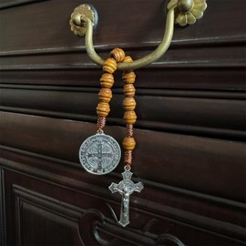 Saint Benedict Medal Prayer Pocket Rosary Catholic Brown Wood Beads with Medalla de san benitol and Crucifix, 9 Inch(Silver)