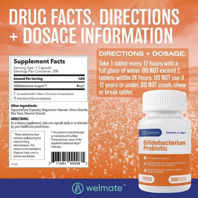WELMATE Probiotic Supplement, Bifidobacterium - USA Made - 200 Capsules