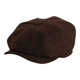 Gamble & Gunn Shelby' Flat Cap Brown Herringbone Vintage Style Baker Boy Cloth Hat Button Top - 61cm