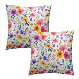 Watercolor Floral Throw Pillow Cover 18x18 Inch Pack of 2 Spring Farmhouse Cushion Pillow Case Square Pink and White Colorful Flowers Pillowcase for Spring Party Bed Sofa Home Car Bedroom Outdoor