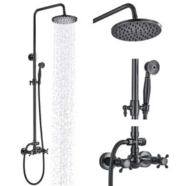 MOSSON Outdoor Shower Kit Oil Rubber Bronze Shower Fixtures with 8 Inch Shower Head and Handheld Spray 2 Cross Handles Wall Mounted Exposed Shower System Solid Brass