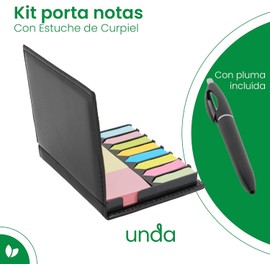 Kit Porta Notas Adhesivas con Estuche de Curpiel | Organizador de Escritorio para Oficina, Escuela o Trabajo | Incluye Pluma, Notas Adheribles y Separadores de Colores | Compacto y Resistente