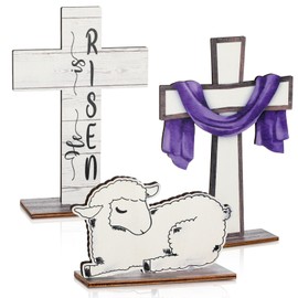 Suzile 3 Pcs Easter Decorations He Is Risen Tabletop Decor Religious He Lives Table Centerpieces Jesus Christian Cross Block Set Rustic Cross Shape Wooden Sign for Easter Spring Party Home Holiday