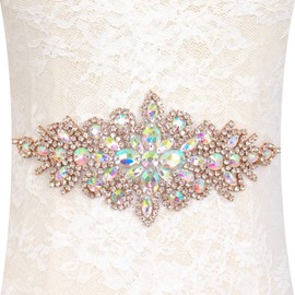 Pardecor Crystal Belt Wedding Rhinestone Applique Glitter Dress Belts Beaded Bridal Sash Wedding Belt Bridal Belt Rhinestone belt for formal dress (AB rose gold, 1)