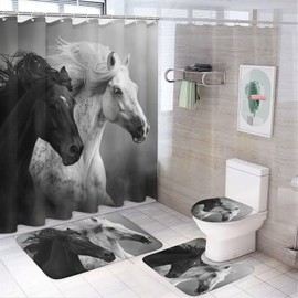 HDESDIS 4Pcs Black White Horse Shower Curtain Set with Rugs, Toilet Lid Cover and Bath Mat, Farmhouse Animal Wildlife Bathroom Curtains Decor Shower Curtains, 72" x 72"