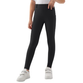 MoFiz Girls Horse Riding Pants Summer with Zipper Pockets High Waist Kids Stretchy Equestrian Breeches Youth Schooling Tights Black Large