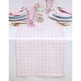 Solino Home Linen Table Runner 108 inches Long – 100% Pure Linen Marshmellow Pink Plaid Table Runner 14 x 108 Inch – Gingham Check Farmhouse Table Runner for Valentines Day, Spring