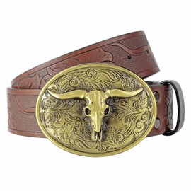 CHIC DIARY Men Western Belt Cowboy PU Leather Waist Belts Vintage Waist Strap Bull Decoration Floral Engraved for Jeans