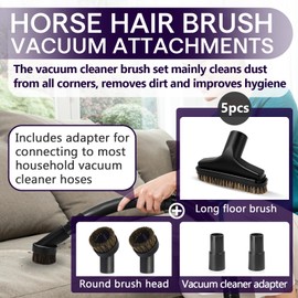 5PCS Horse Hair Brush Vacuum Attachment Set - Black Round Vacuum Attachments & Brushes - 5.9 In Long Floor Brush & Shop Vac Brush Attachment - 1 1/4" Vacuum Cleaner Adapter Included